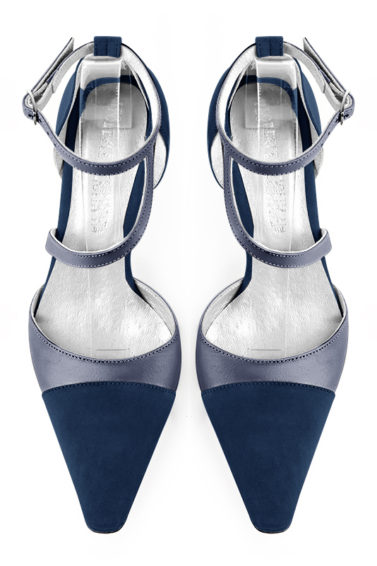 Navy blue women's open side shoes, with snake-shaped straps. Tapered toe. Medium spool heels. Top view - Florence KOOIJMAN